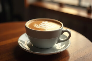 Obraz premium cup of latte with beautiful latte art served on wooden table in cozy cafe