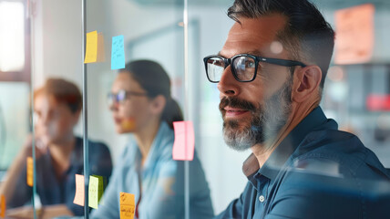 Thoughtful professional engaged in a brainstorming session with colleagues, collaborating on innovative business strategies in a modern workspace.