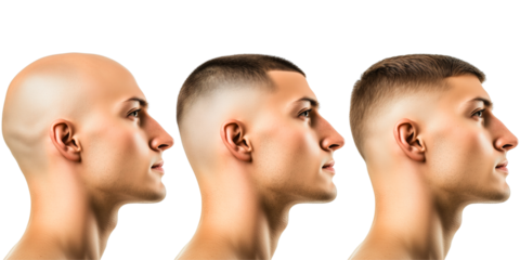 profile of young man with different balding state; concept of testosterone, hair treatment, coiffure; head & shoulder isolated over transparent (white) background