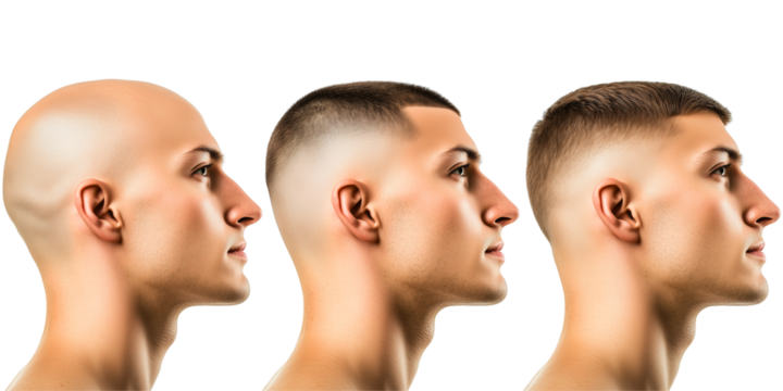 profile of young man with different balding state; concept of testosterone, hair treatment, coiffure; head & shoulder isolated over transparent (white) background