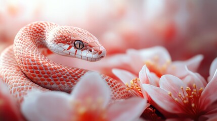 Fototapeta premium A Vibrant Coral Snake Elegantly Coiled Amidst Delicate, Blushing Blossoms. The Image Evokes A Serene, Almost Mystical Atmosphere.