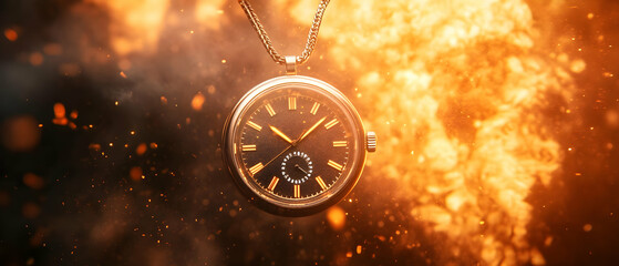A stunning pocket watch against a fiery background, representing time and urgency in a unique visual style.