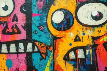 Vibrant street art displaying cartoonish skull designs and dynamic abstract shapes, adding a playful touch to urban surroundings