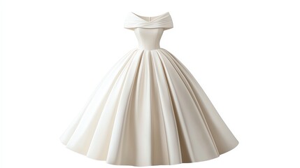 A timeless elegant white dress featuring a classic off-shoulder design and a full, flowing skirt, perfect for special occasions and formal events.