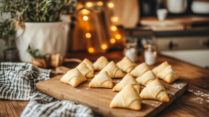 Obraz premium Homemade kipferl cookies cooling on wooden board in cozy kitchen