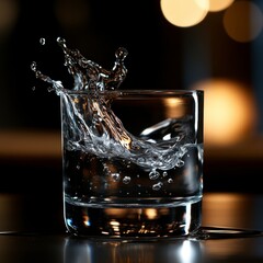Dynamic splash of water in a glass, showcasing motion and detail in a dramatic low-key setting, emphasizing the fluidity and clarity.