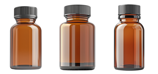 Amber glass bottles with black screw caps, pharmaceutical or essential oil container mock-up, transparent background