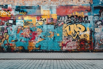 Fototapeta premium Vibrant graffiti art adorns a brick wall, showcasing urban creativity and expression