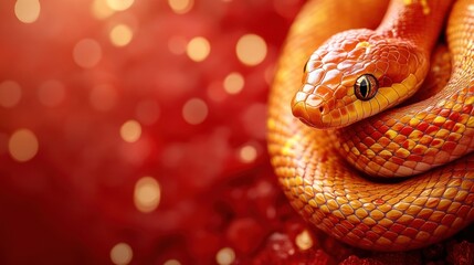 Fototapeta premium A Vibrant Orange Snake, Coiled On A Red, Bokeh-Filled Background. Its Scales Gleam, Creating A Striking Contrast.