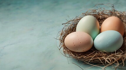 Easter egg and toy car on wooden background, happy easter day concept