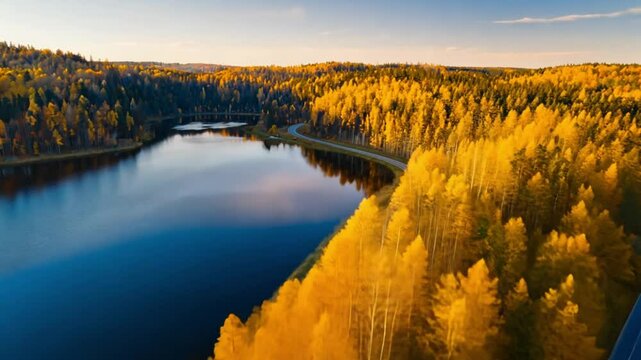 An aerial shot of a road is shown running parallel to a serene lake, with the golden forest and sunrise perfectly reflected on the water, creating a dreamy and symmetrical composition
