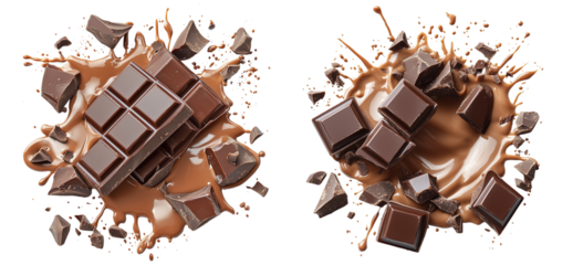 Chocolate bars with broken pieces and melted chocolate splash, rich cocoa texture, dessert ingredient, confectionery, transparent background