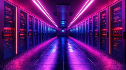 Fototapeta premium Neon-Lit Server Room: A Digital Heartbeat
