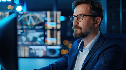 Focused businessman analyzing financial and business data on multiple digital screens, leveraging technology for strategic decision-making and corporate success.
