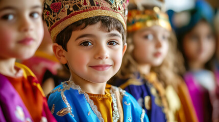 Children wearing costumes and crowns celebrating epiphany