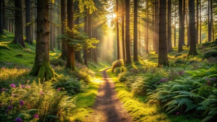 Obraz premium Sunlit Woodland Path at Dawn A Serene Forest Trail