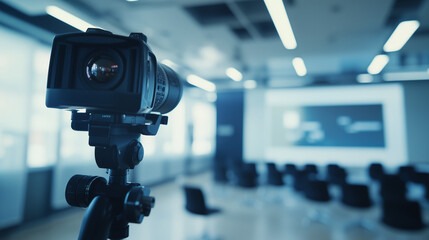 Television Cameras Newsroom Scene with Soft Natural Light and Minimalist Setup, Ideal for Editorial Use