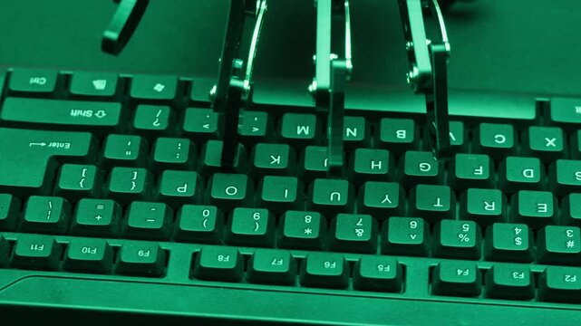 Robot ai hand working on pc laptop, Chatbot and chat robot advisor. Futuristic ai hand typing on keyboard, pressing buttons, office work, enterprise helper.