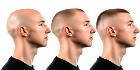 profile of young man with different balding state; concept of testosterone, hair treatment, coiffure; head & shoulder isolated over transparent (white) background