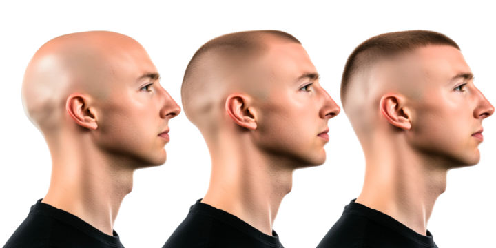 profile of young man with different balding state; concept of testosterone, hair treatment, coiffure; head & shoulder isolated over transparent (white) background