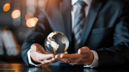 Business executive holding a globe, symbolizing global strategy, leadership, and economic growth in the corporate world, leadership and global connectivity