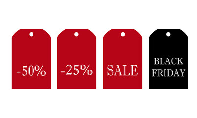 Discounts on Black Friday with eye-catching sale tags displaying various percentage reductions