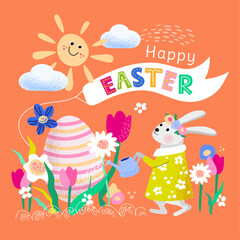 Easter bunny girl  watering flower, egg, sun, clouds,  happy easter  greeting card, holiday background, vector illustration