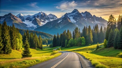 Fototapeta premium Scenic Winding Road Through Lush Green Valley with Majestic Snow-Capped Mountains at Sunset