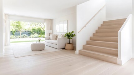 Modern home interior, light wood floors, stairs, living room with garden view, ideal for real estate listings