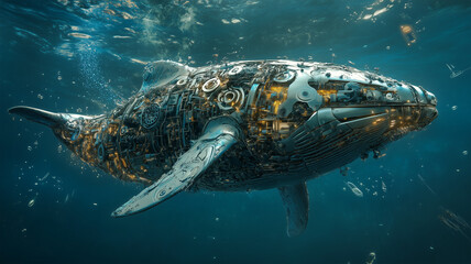 Fototapeta premium 水中で機械と生物が融合したクジラが象徴するバイオメカニクスの未来像