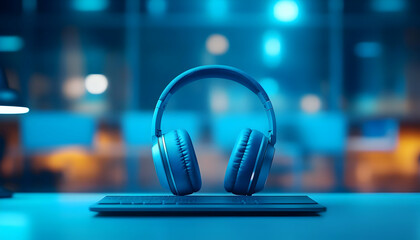 A stylish pair of headphones on a laptop, surrounded by a blue-lit workspace, perfect for tech enthusiasts.