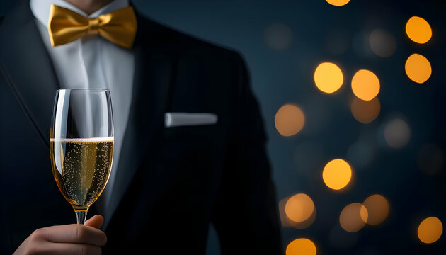 A stylish individual holding a champagne glass, adorned with a gold bow tie, celebrating a special moment.