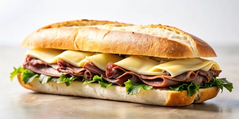 A savory roast beef and melted cheese sub sandwich on a crusty roll with fresh greens