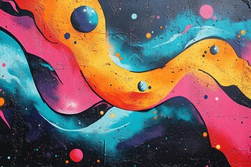 Colorful swirls and celestial bodies combine in a vibrant street art mural, adding a touch of urban art to a concrete wall