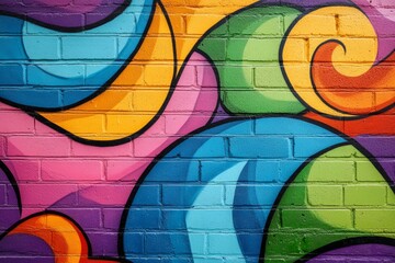 Fototapeta premium Colorful graffiti adorns a brick wall, showcasing vibrant swirls and patterns