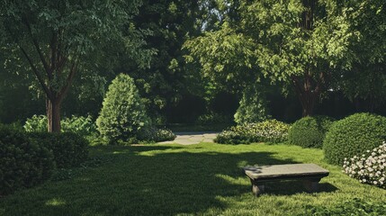 Serene Garden Stone Bench Amidst Lush Greenery