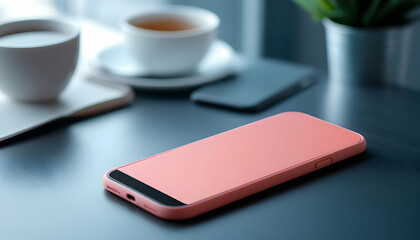 A stylish pink smartphone resting on a desk next to coffee cups and a plant in a modern, cozy workspace.