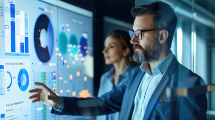 Executives analyzing financial data on an interactive digital screen, leveraging technology and strategy for business innovation and growth