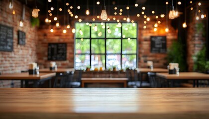 Empty Rustic Cafe Interior With Wooden Tables, Warm Lighting, Window View, Copy Space