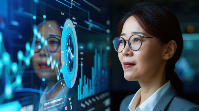 Businesswoman analyzes market data on interactive screens, Professional brainstorming strategy on a whiteboard in a modern office, showcasing innovation and leadership