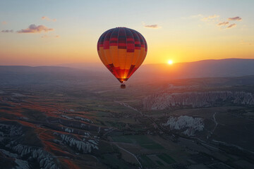 Obraz premium Hot air balloon gliding over scenic landscape at dawn