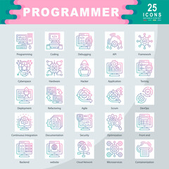 Programmer icon set containing Programming, Coding, Debugging, API, Framework, Cyberspace, Hardware, Hacker, Application, Testing icon. Simple gradian vector