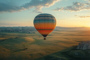 Obraz premium Colorful hot air balloon floating above expansive green fields at sunset