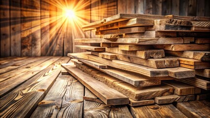 Fototapeta premium Rustic Stack of Unfinished Wooden Lumber Boards in a Sunlit Workshop