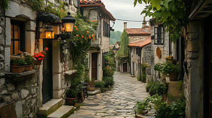 Fototapeta premium Cobblestone street, European village, morning, flowers, travel brochure