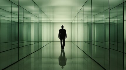 Fototapeta premium Man Walks Through A Green Mirrored Corridor
