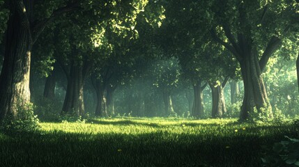 Obraz premium Sunlit Forest Path Grassy Meadow Trees