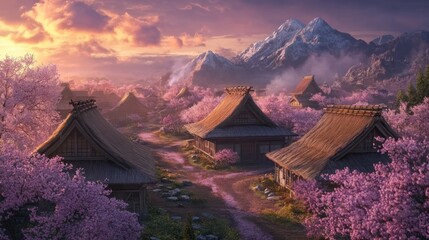 Naklejka premium Serene Mountain Village Amidst Blooming Cherry Trees