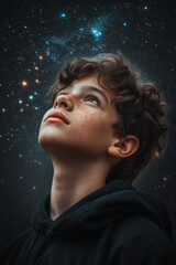 Boy looking up at a vast, star-filled night sky
