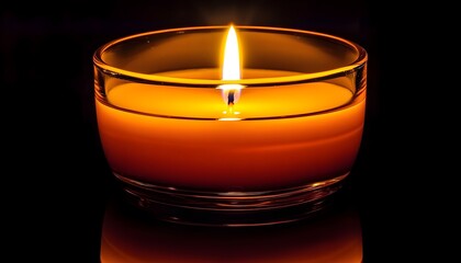 Bright Flame in Glass Candle Jar with Warm Orange Wax Reflection